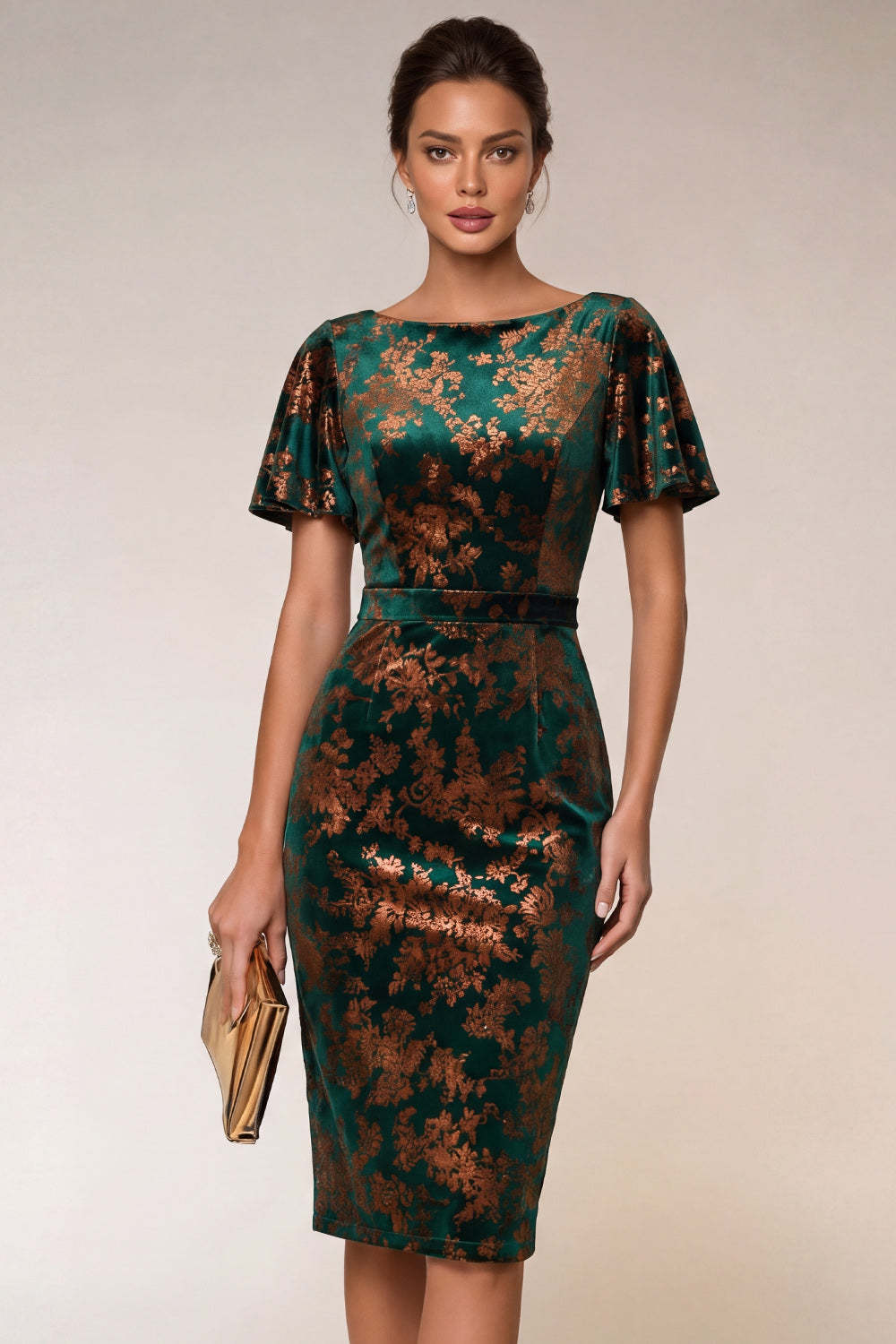 Leely Women Dark Green Short Sleeves Sheath Midi Wedding Guest Dress Short Sleeves Round Neck Formal Dress