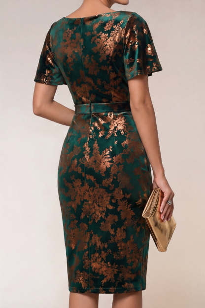 Dark Green Short Sleeves Sheath Midi Wedding Guest Dress
