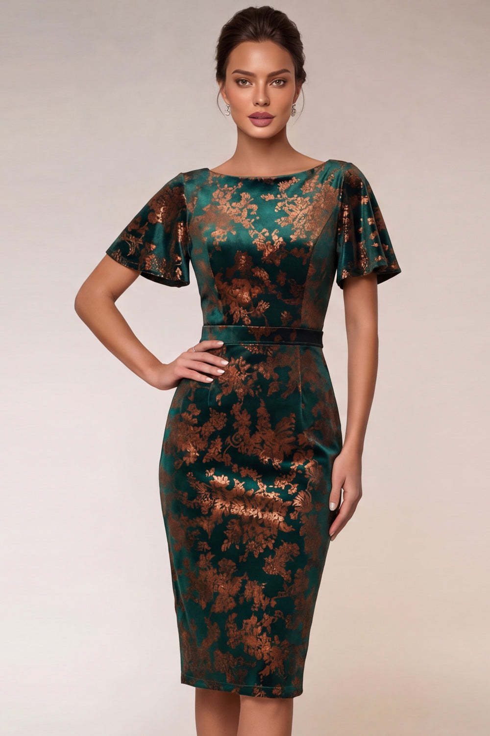 Dark Green Short Sleeves Sheath Midi Wedding Guest Dress