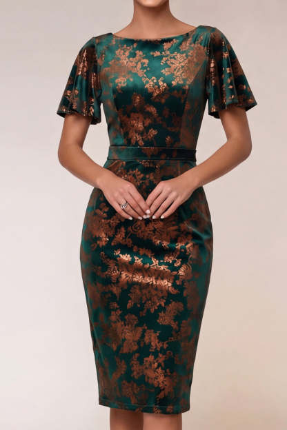 Dark Green Short Sleeves Sheath Midi Wedding Guest Dress