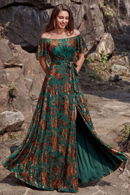 Leely Women Dark Green A Line Floral Long Wedding Guest Dress with Slit Off the Shoulder Backless Sleeveless Formal Dress