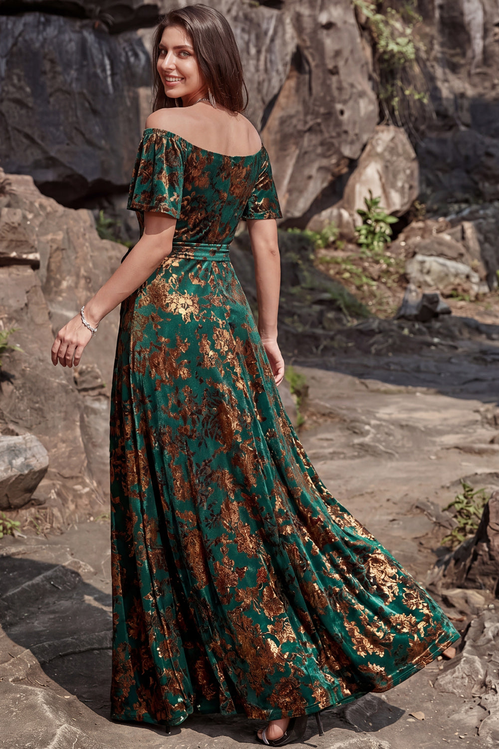 Dark Green A Line Floral Long Wedding Guest Dress with Slit
