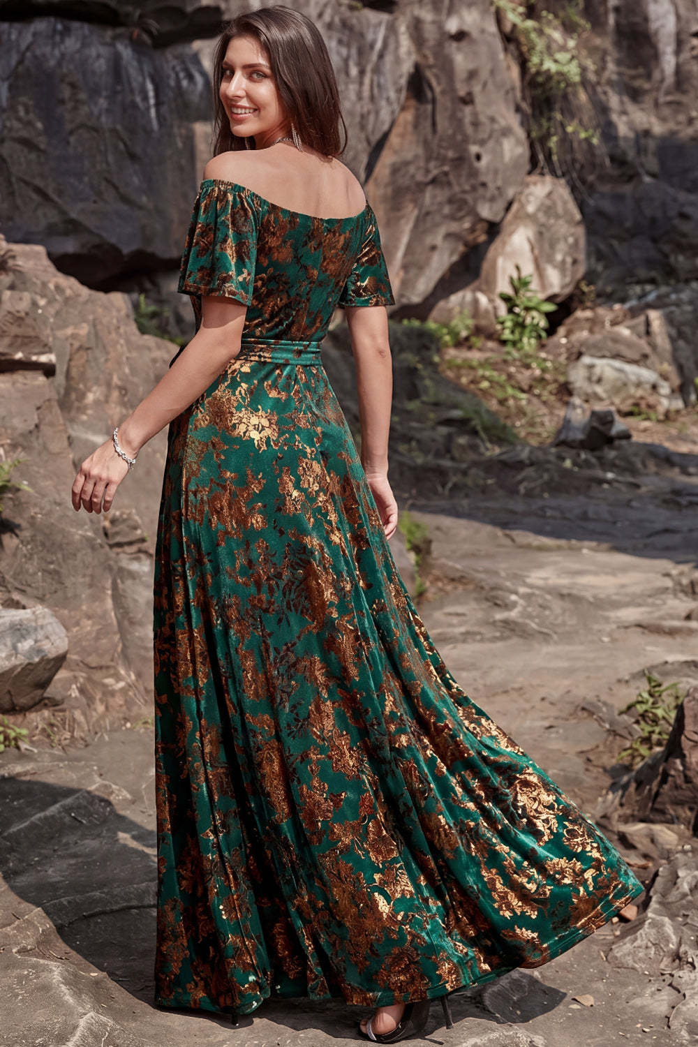 Dark Green A Line Floral Long Wedding Guest Dress with Slit