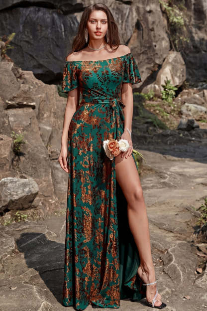 Dark Green A Line Floral Long Wedding Guest Dress with Slit