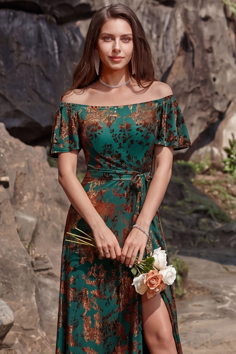 Dark Green A Line Floral Long Wedding Guest Dress with Slit