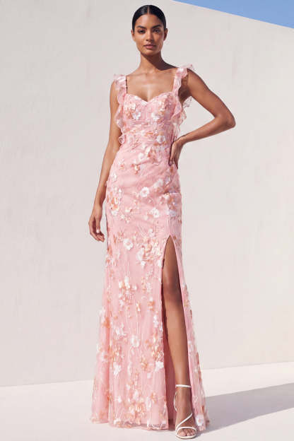 Leely Women Light Pink Floral Appliqued Long Wedding Guest Dress with Slit Thick Straps Backless Garden Party Dress