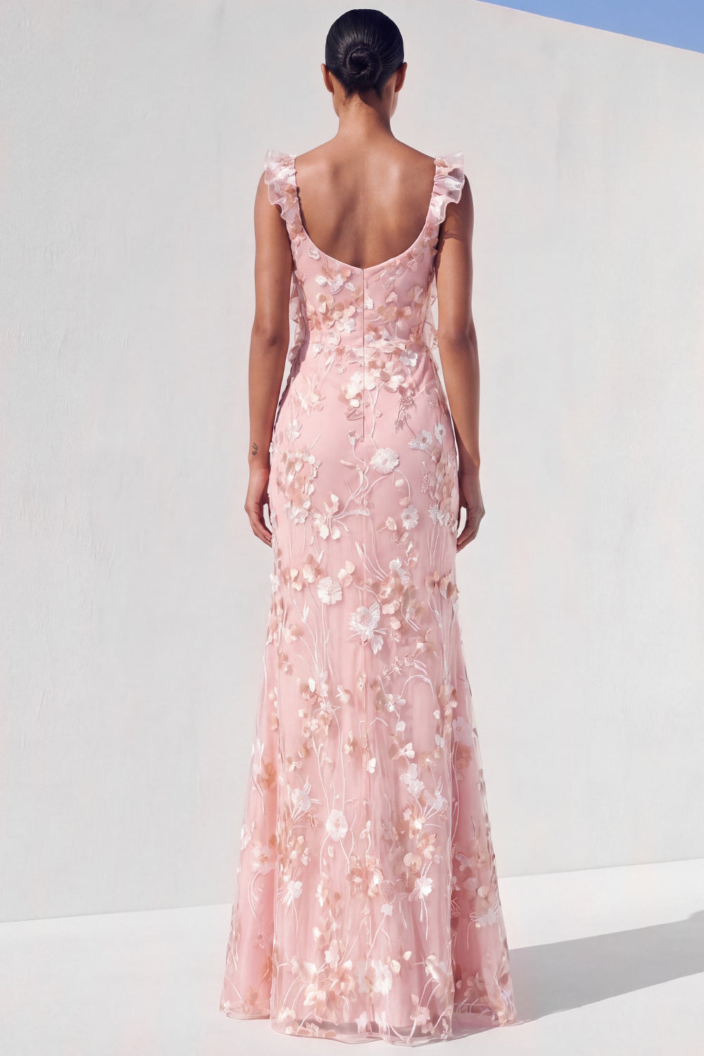 Light Pink Floral Appliqued Long Wedding Guest Dress with Slit