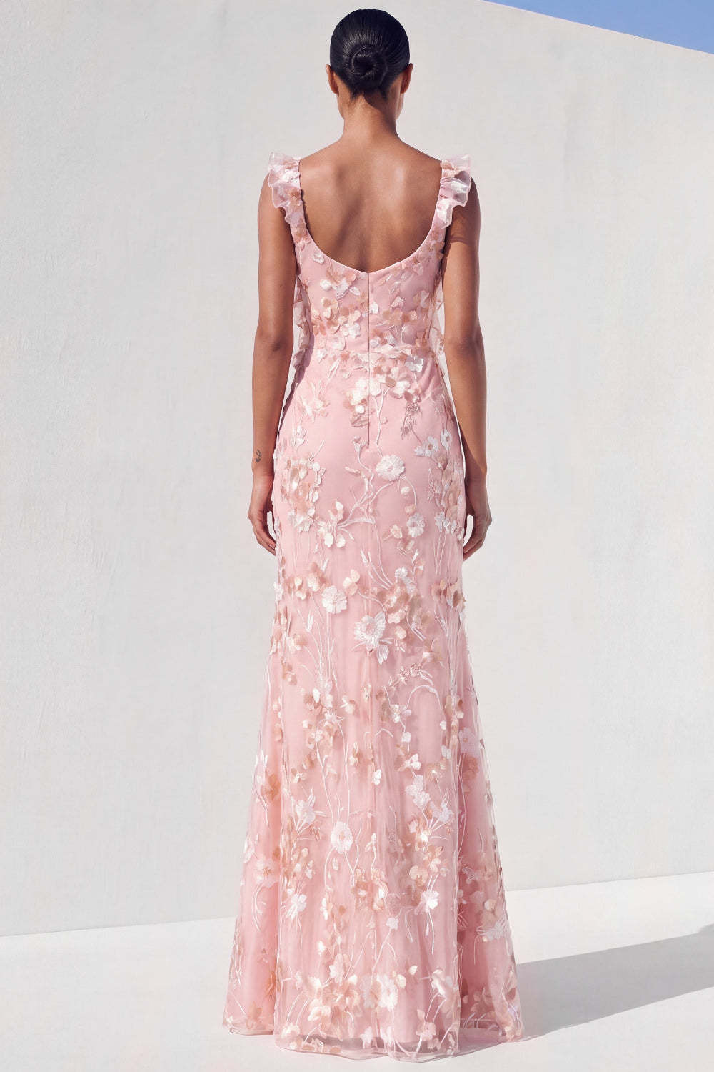 Light Pink Floral Appliqued Long Wedding Guest Dress with Slit