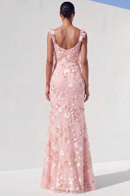 Light Pink Floral Appliqued Long Wedding Guest Dress with Slit