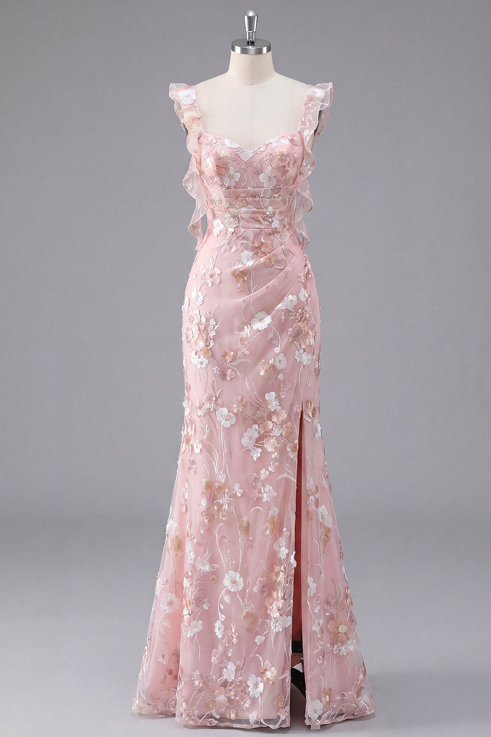 Light Pink Floral Appliqued Long Wedding Guest Dress with Slit
