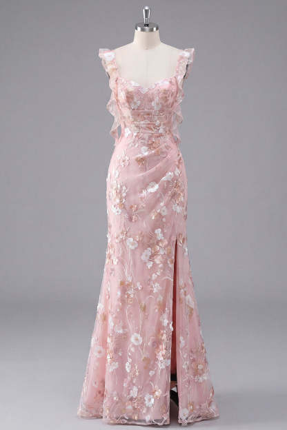 Light Pink Floral Appliqued Long Wedding Guest Dress with Slit