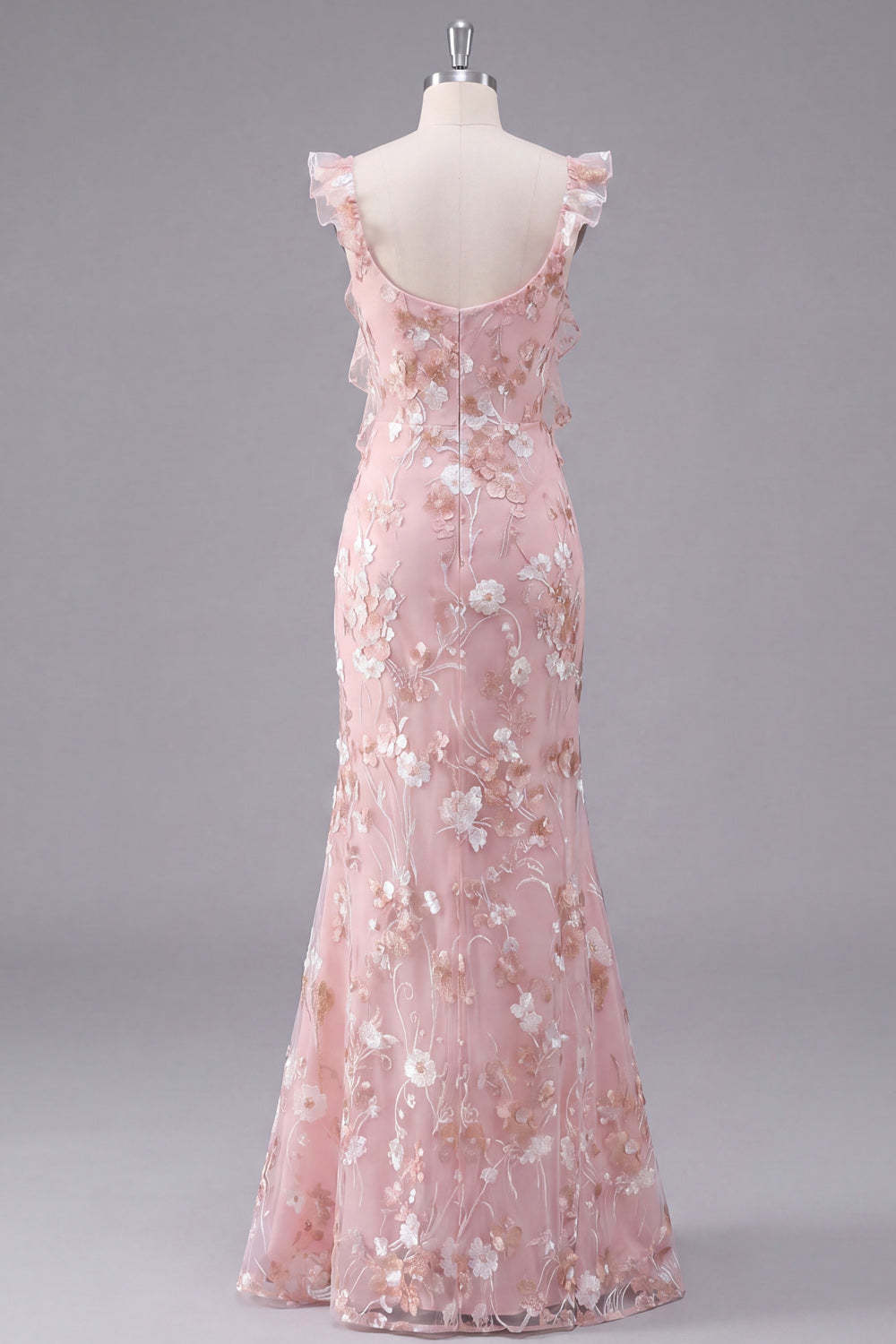 Light Pink Floral Appliqued Long Wedding Guest Dress with Slit