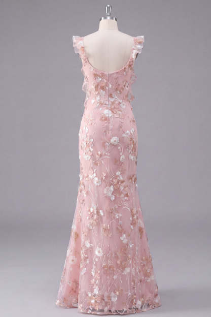Light Pink Floral Appliqued Long Wedding Guest Dress with Slit