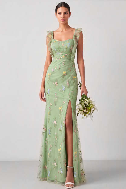 Leely Women Floral Green Ruched Ruffled Long Wedding Guest Dress with Slit Spaghetti Straps Backless Sleeveless Wedding Guest Dress