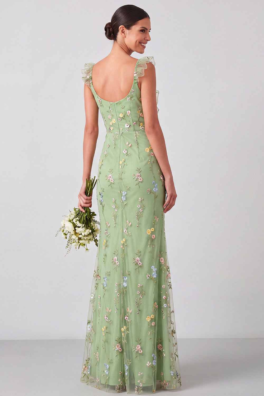 Floral Green Ruched Ruffled Long Wedding Guest Dress with Slit