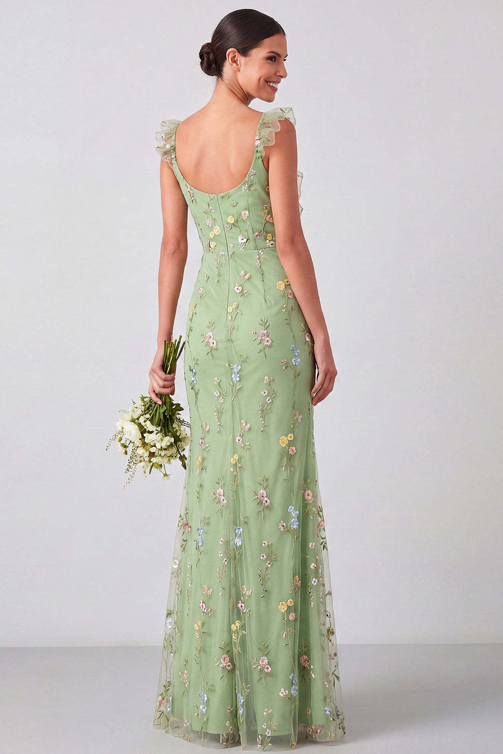 Floral Green Ruched Ruffled Long Wedding Guest Dress with Slit