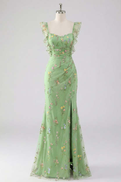 Floral Green Ruched Ruffled Long Wedding Guest Dress with Slit