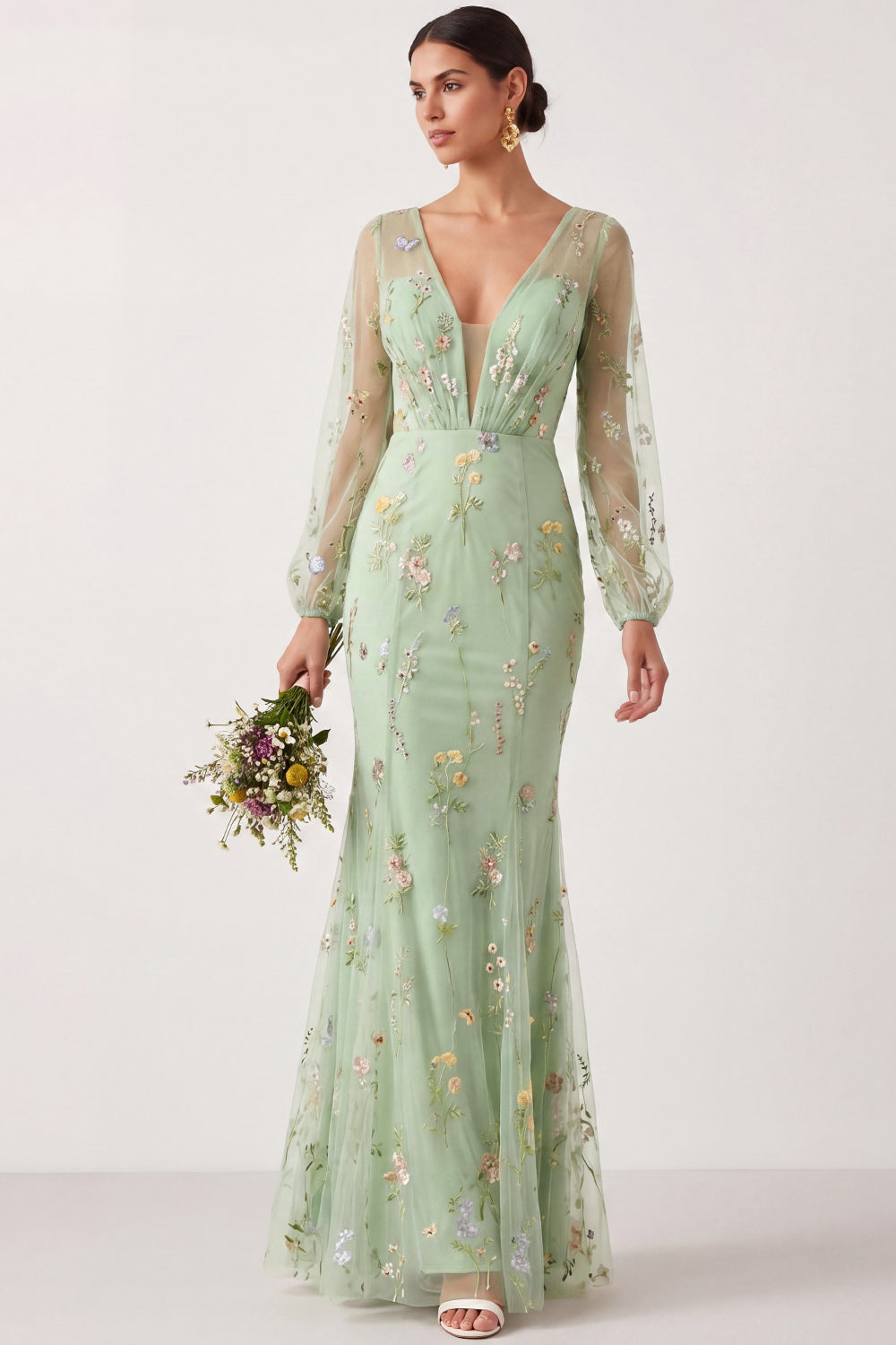 Leely Women Green Floral Mermaid Long Wedding Guest Dress Sheer Sleeves V Neck Garden Party Dress