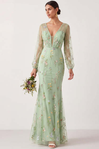 Leely Women Green Floral Mermaid Long Wedding Guest Dress Sheer Sleeves V Neck Garden Party Dress