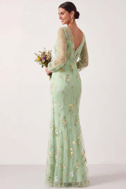 Green Floral Mermaid Long Sheer Sleeves Wedding Guest Dress