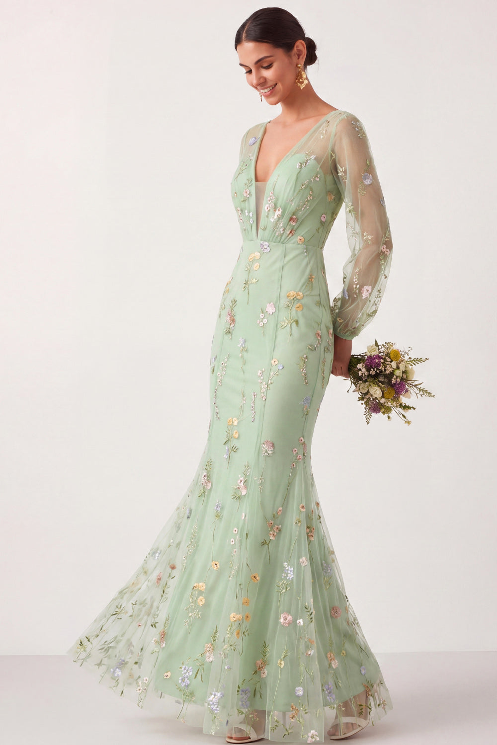 Green Floral Mermaid Long Sheer Sleeves Wedding Guest Dress