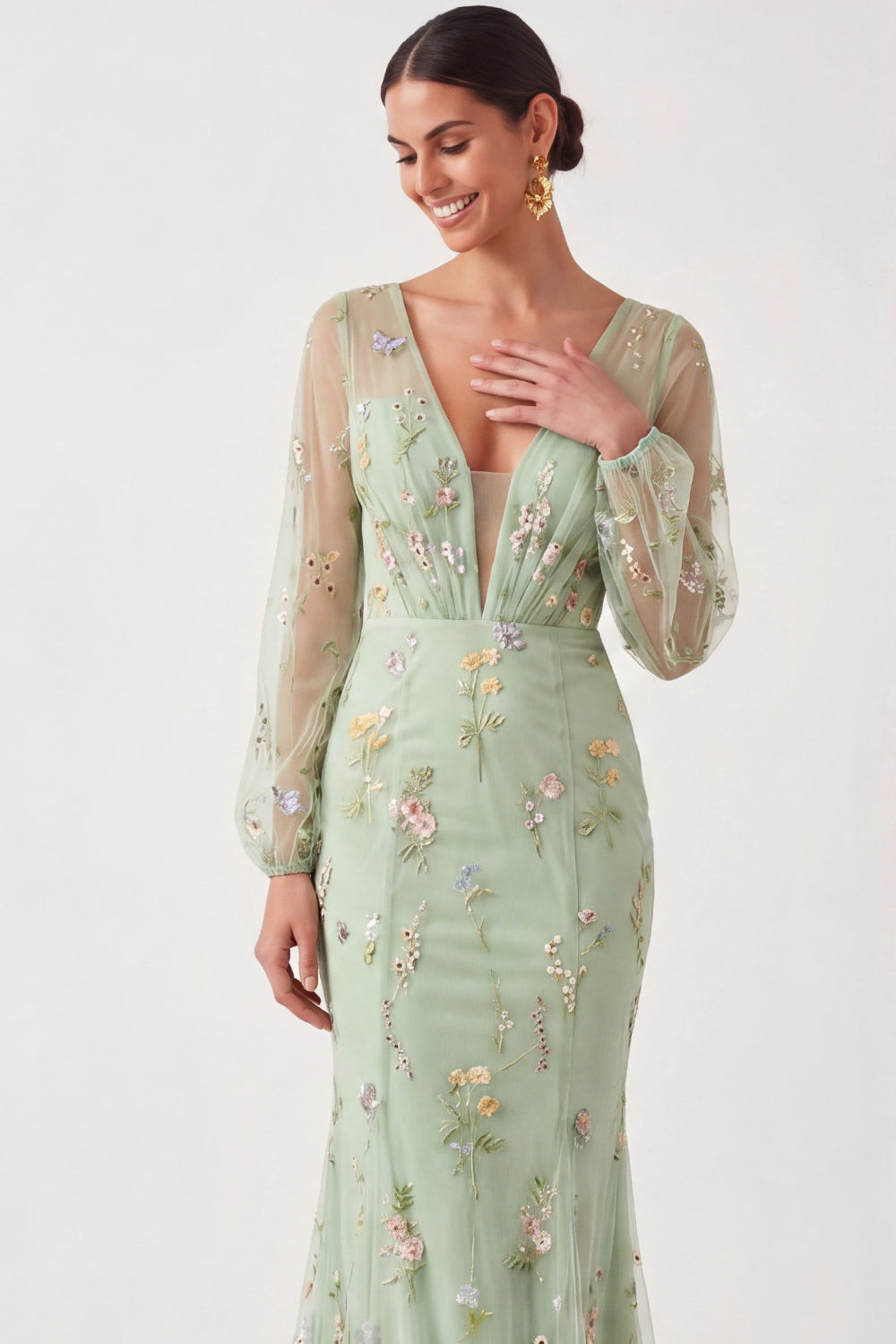 Green Floral Mermaid Long Sheer Sleeves Wedding Guest Dress