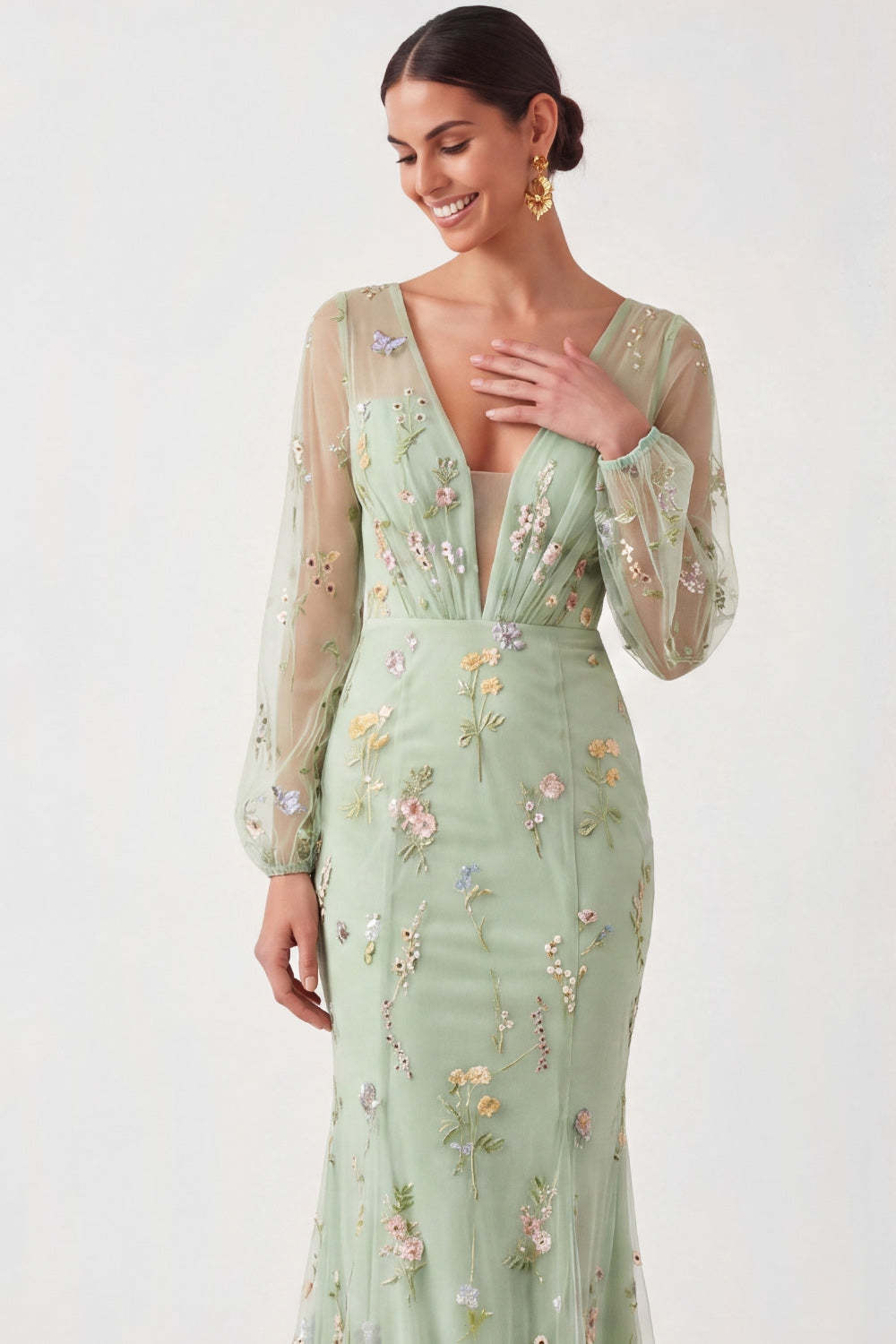 Green Floral Mermaid Long Sheer Sleeves Wedding Guest Dress