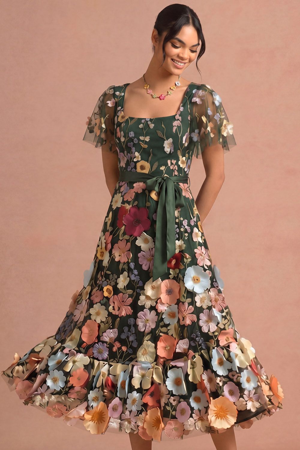 Leely Women Dark Green Floral A Line Appliqued Midi Wedding Guest Dress Square Neck Flutter Sleeves Garden Party Dress