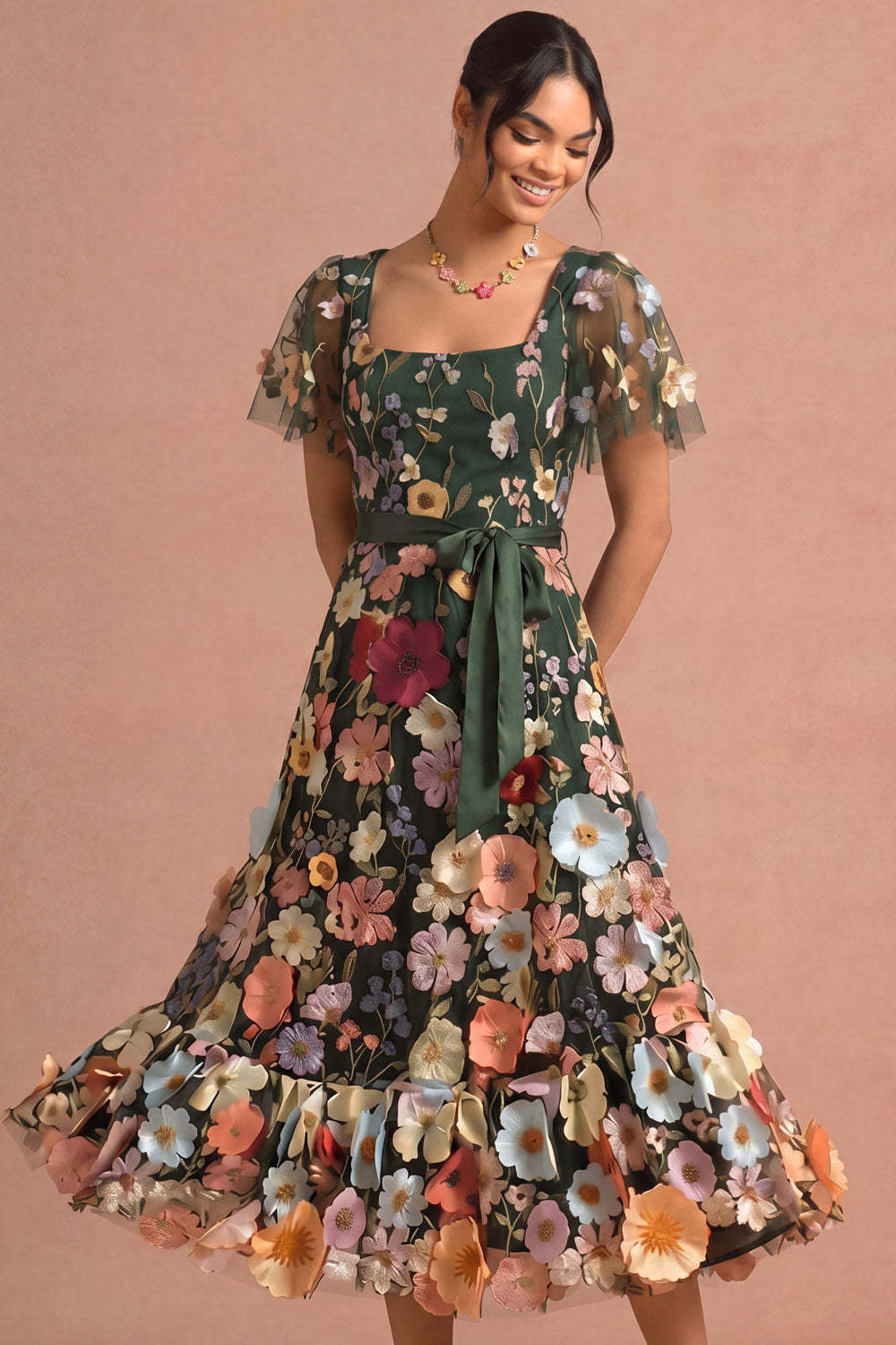 Leely Women Dark Green Floral A Line Appliqued Midi Wedding Guest Dress Square Neck Flutter Sleeves Garden Party Dress