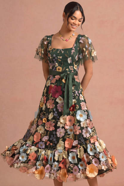 Leely Women Dark Green Floral A Line Appliqued Midi Wedding Guest Dress Square Neck Flutter Sleeves Garden Party Dress