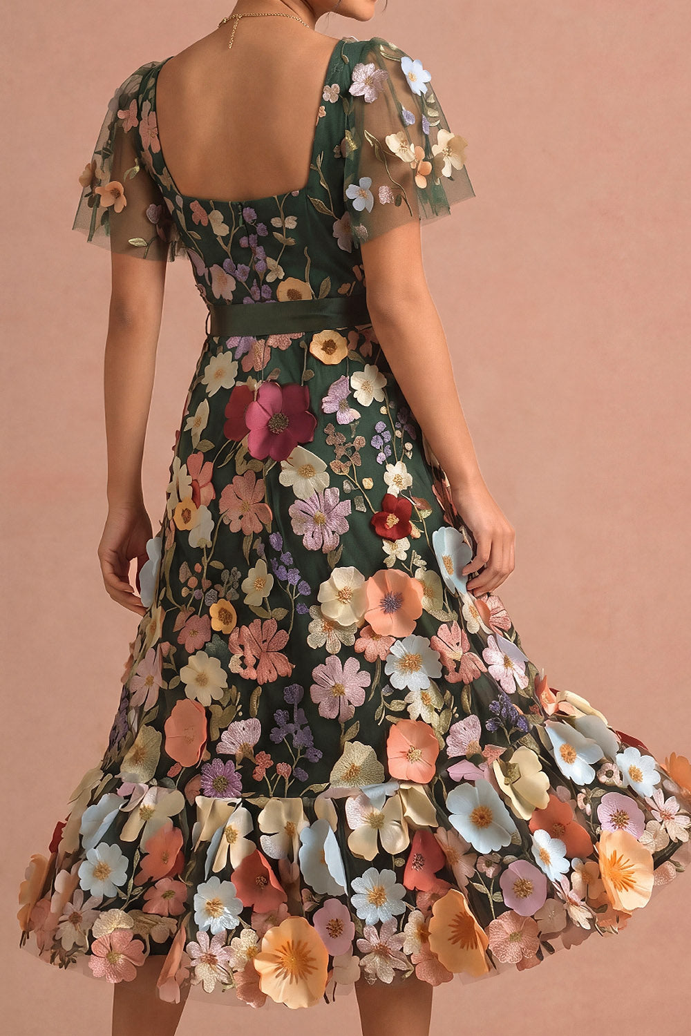 Dark Green Floral A Line Appliqued Midi Wedding Guest Dress