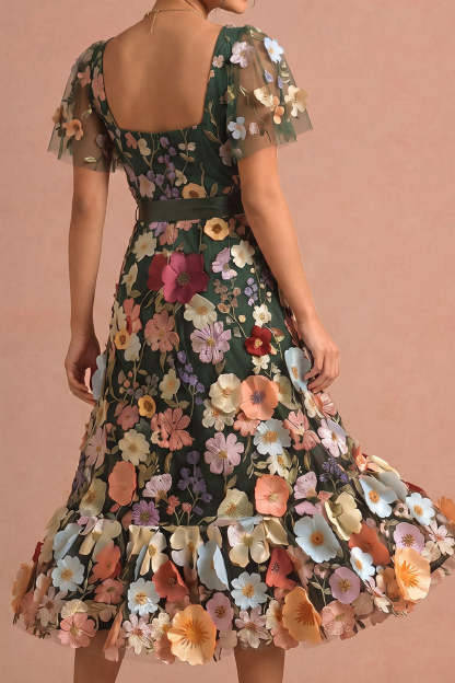 Dark Green Floral A Line Appliqued Midi Wedding Guest Dress