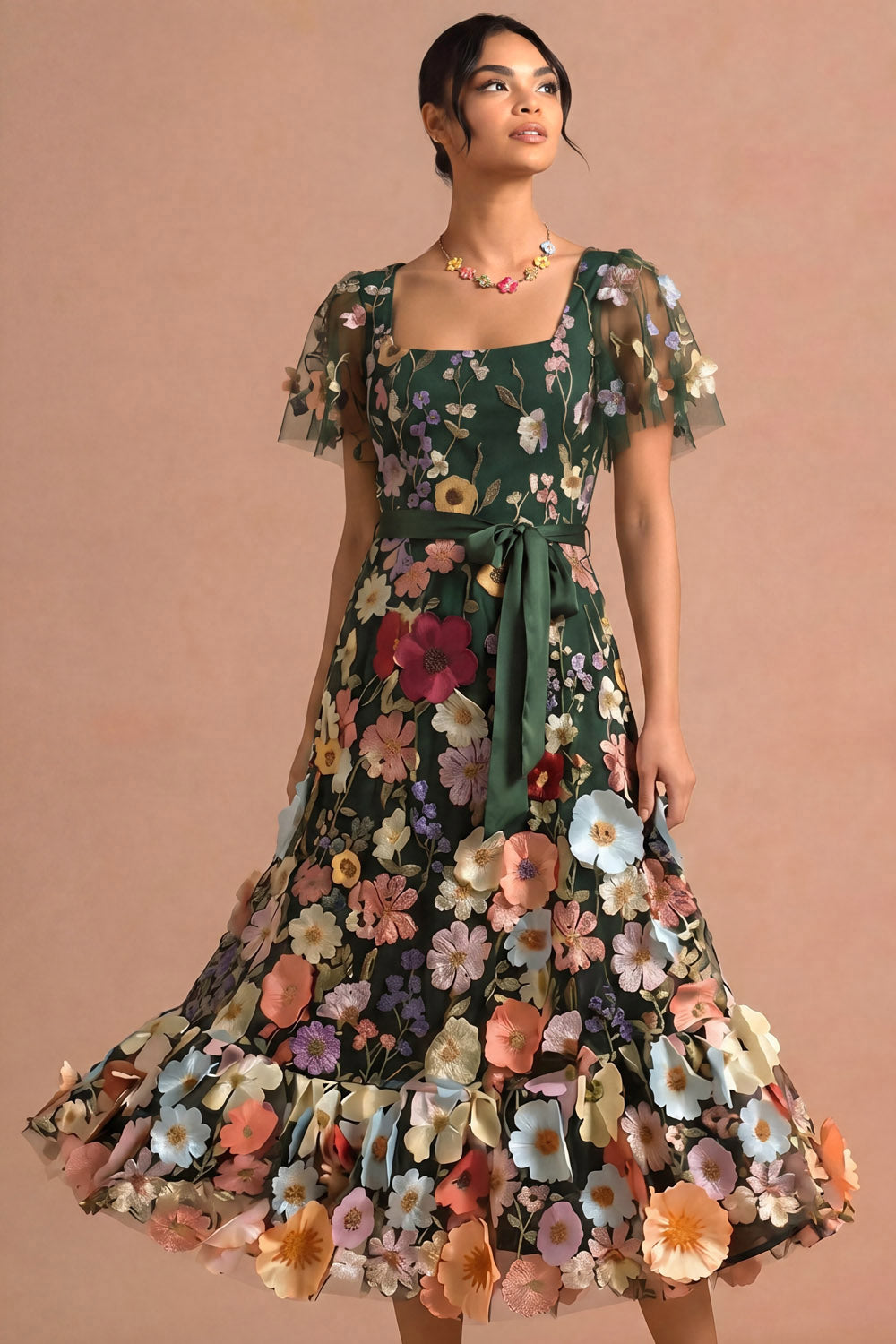Dark Green Floral A Line Appliqued Midi Wedding Guest Dress