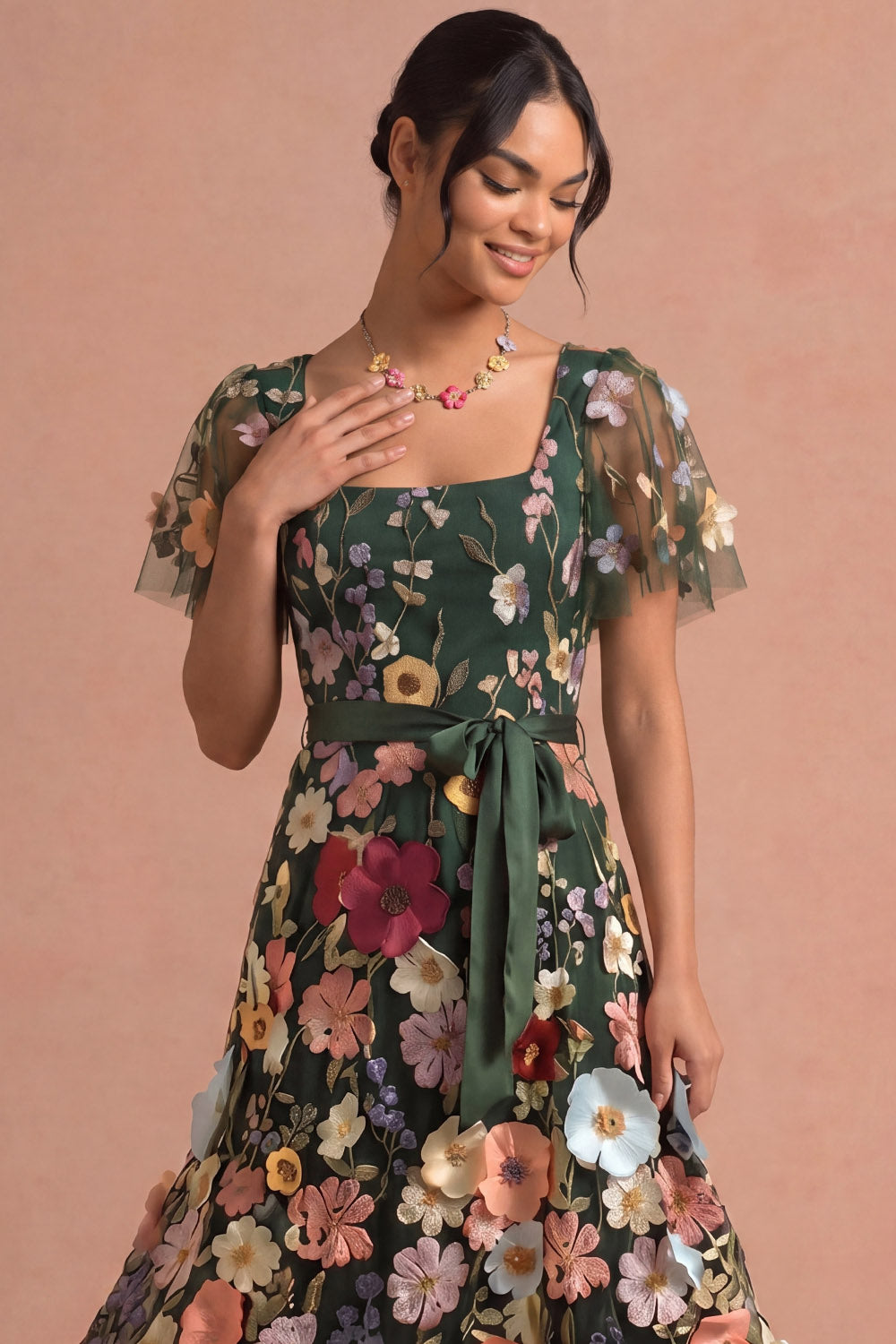 Dark Green Floral A Line Appliqued Midi Wedding Guest Dress