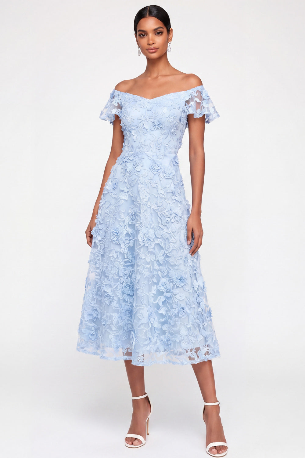 Leely Women Light Blue Floral Appliqued A Line Midi Wedding Guest Dress Backless Sleeveless Garden Party Dress