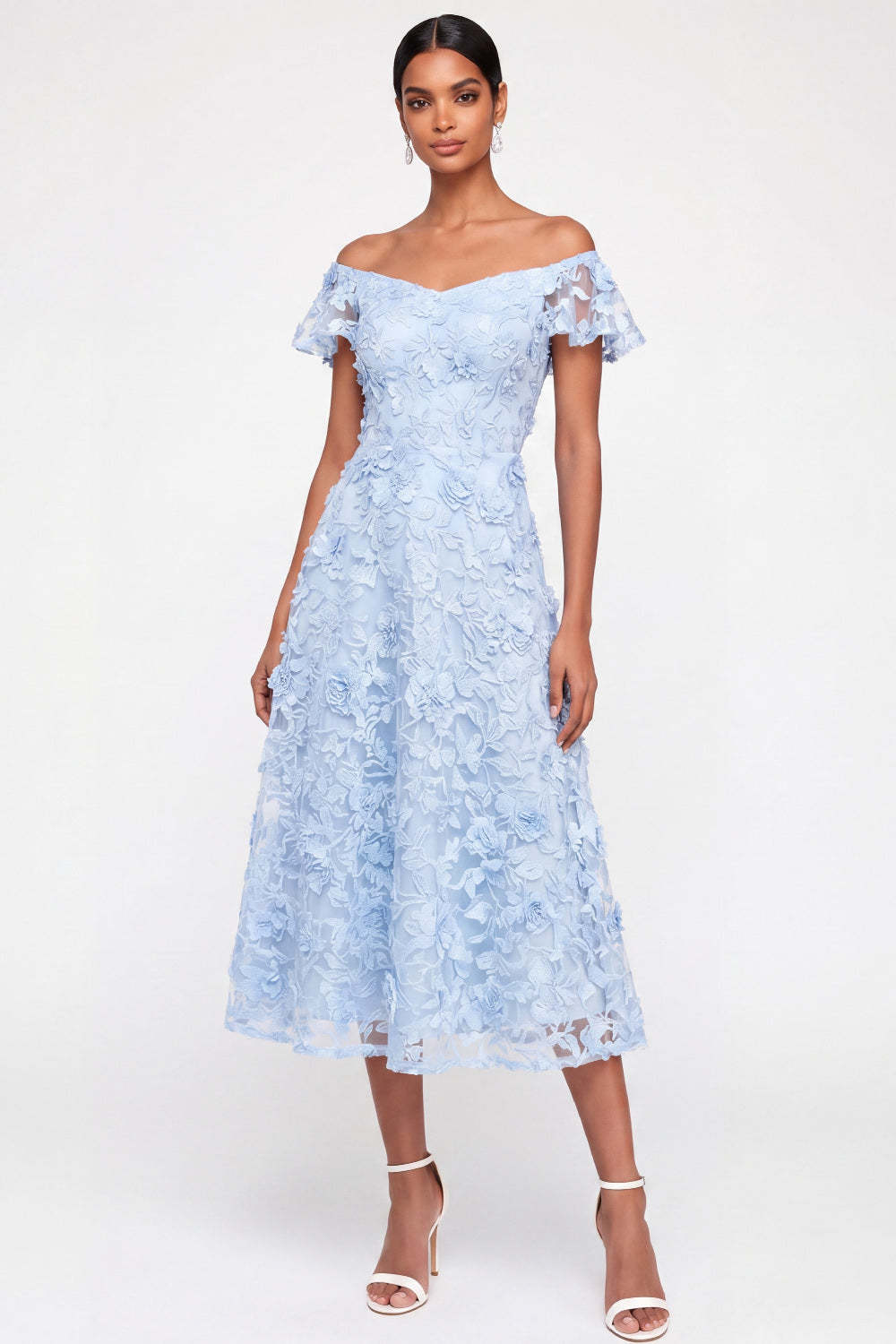 Leely Women Light Blue Floral Appliqued A Line Midi Wedding Guest Dress Backless Sleeveless Garden Party Dress