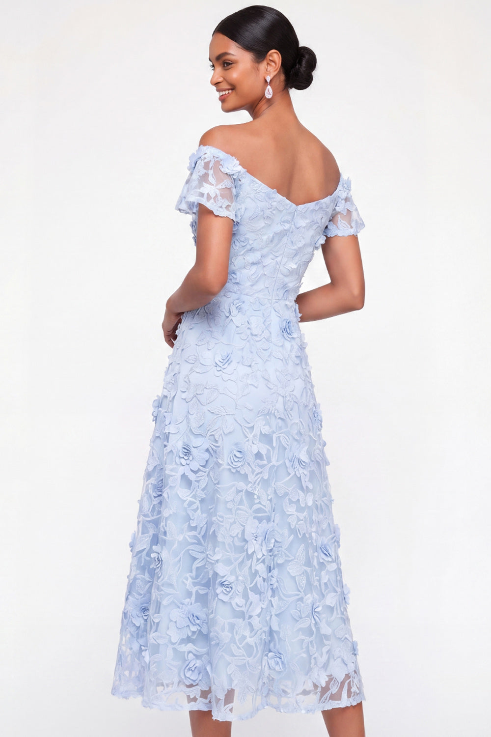 Light Blue Floral Appliqued A Line Midi Wedding Guest Dress
