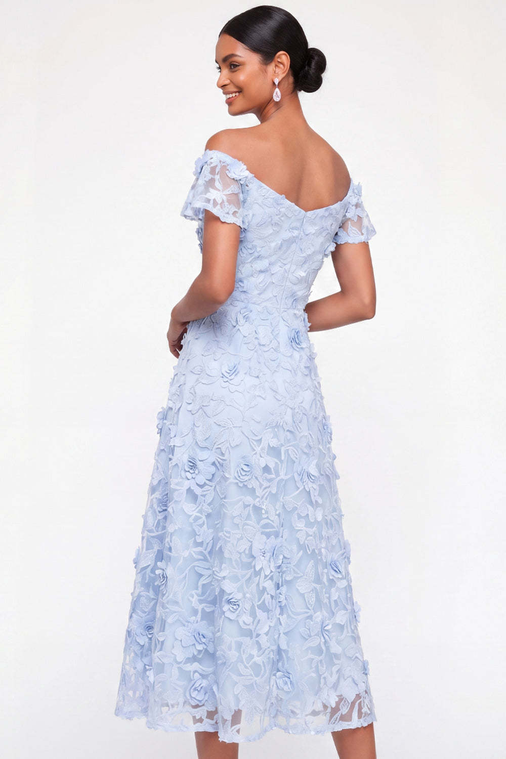 Light Blue Floral Appliqued A Line Midi Wedding Guest Dress