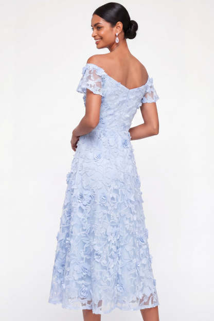 Light Blue Floral Appliqued A Line Midi Wedding Guest Dress
