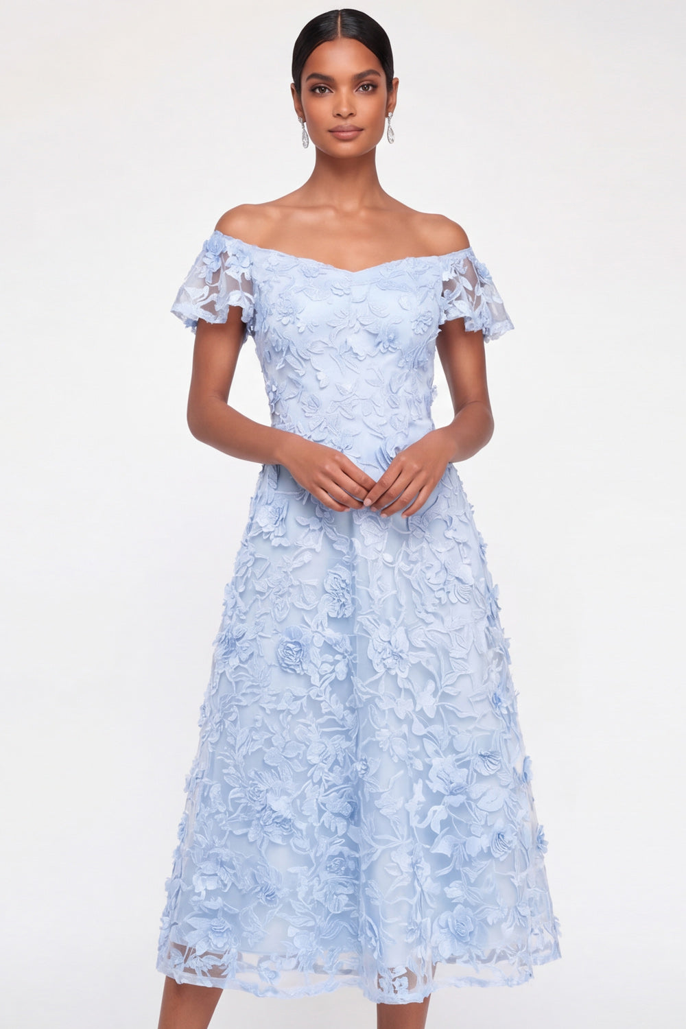 Light Blue Floral Appliqued A Line Midi Wedding Guest Dress