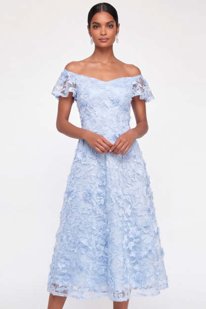 Light Blue Floral Appliqued A Line Midi Wedding Guest Dress