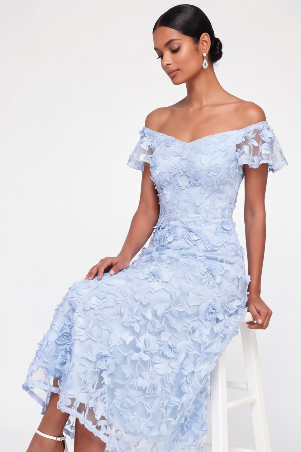 Light Blue Floral Appliqued A Line Midi Wedding Guest Dress