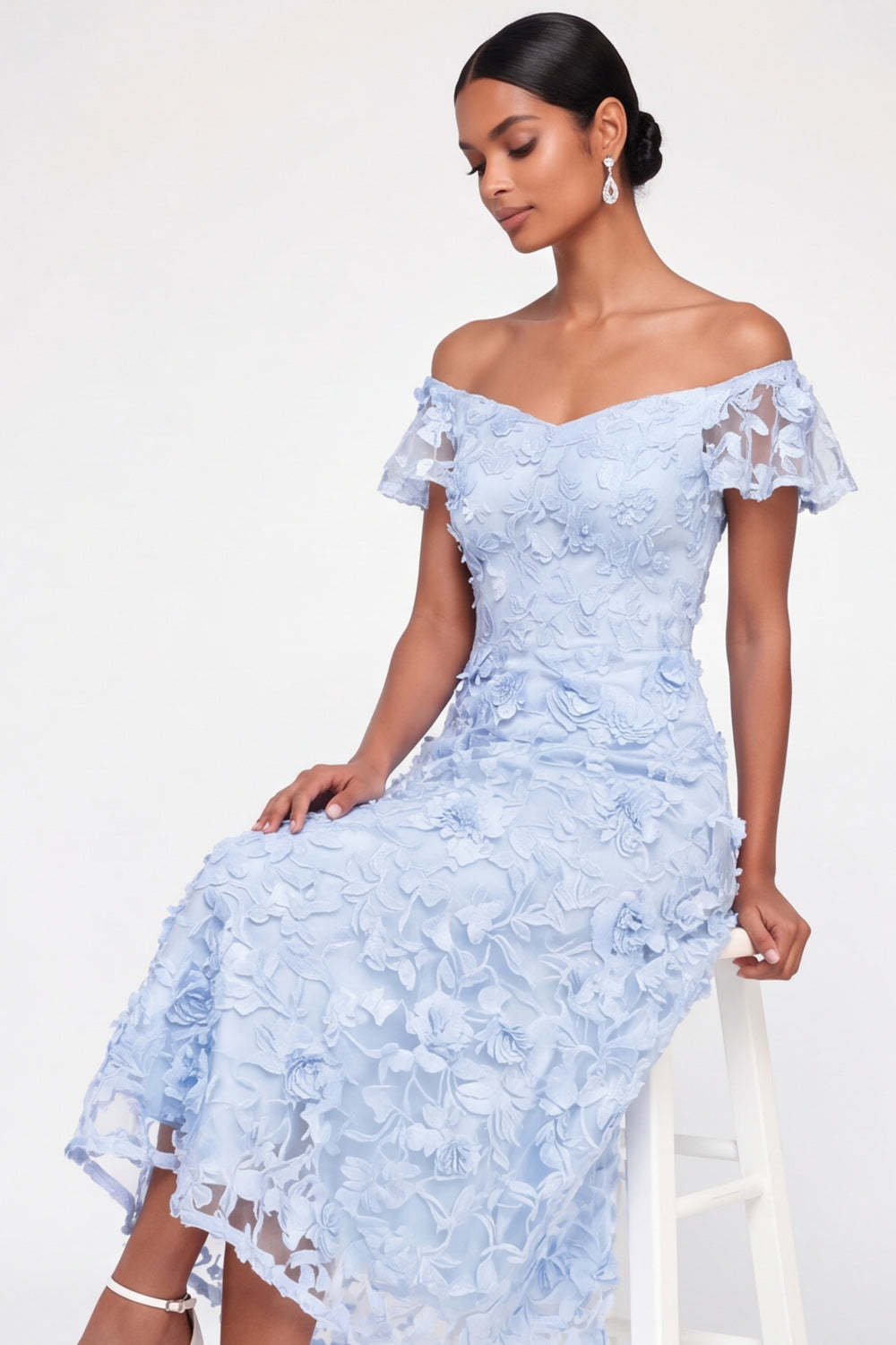 Light Blue Floral Appliqued A Line Midi Wedding Guest Dress