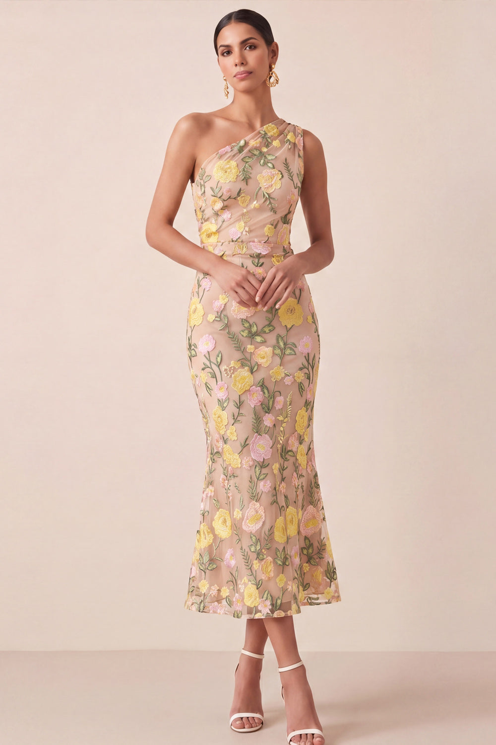 Leely Women Yellow Floral Mermaid Midi Wedding Guest Dress One Shoulder Embroidered Sleeveless Garden Party Dress