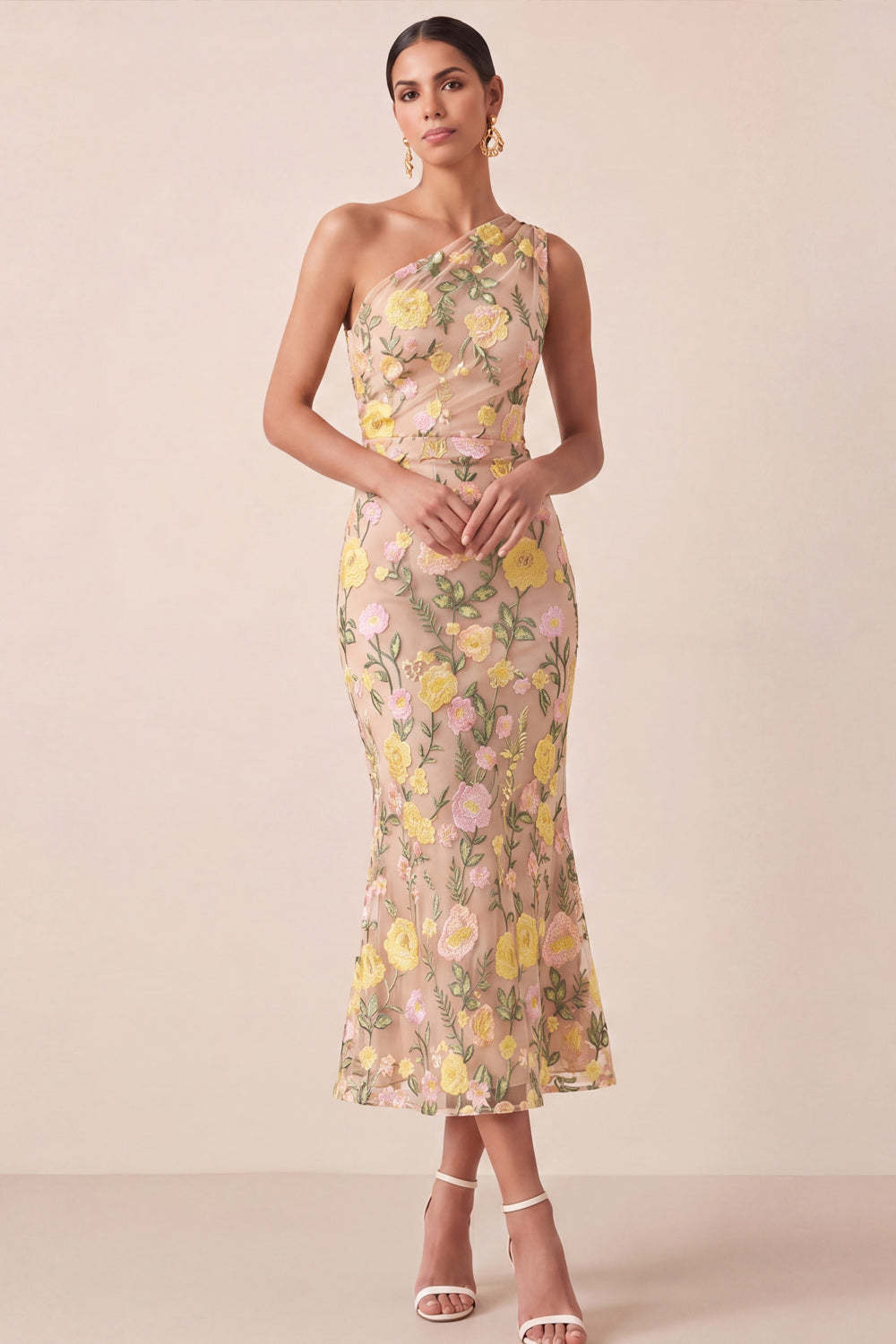Leely Women Yellow Floral Mermaid Midi Wedding Guest Dress One Shoulder Embroidered Sleeveless Garden Party Dress