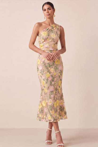 Leely Women Yellow Floral Mermaid Midi Wedding Guest Dress One Shoulder Embroidered Sleeveless Garden Party Dress
