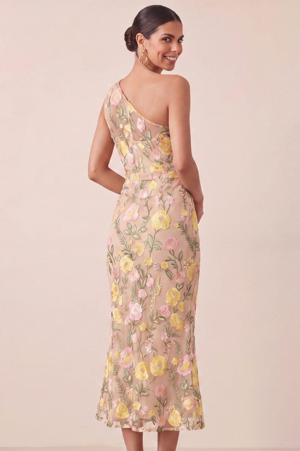 Yellow Floral Embroidered One Shoulder Midi Mermaid Wedding Guest Dress