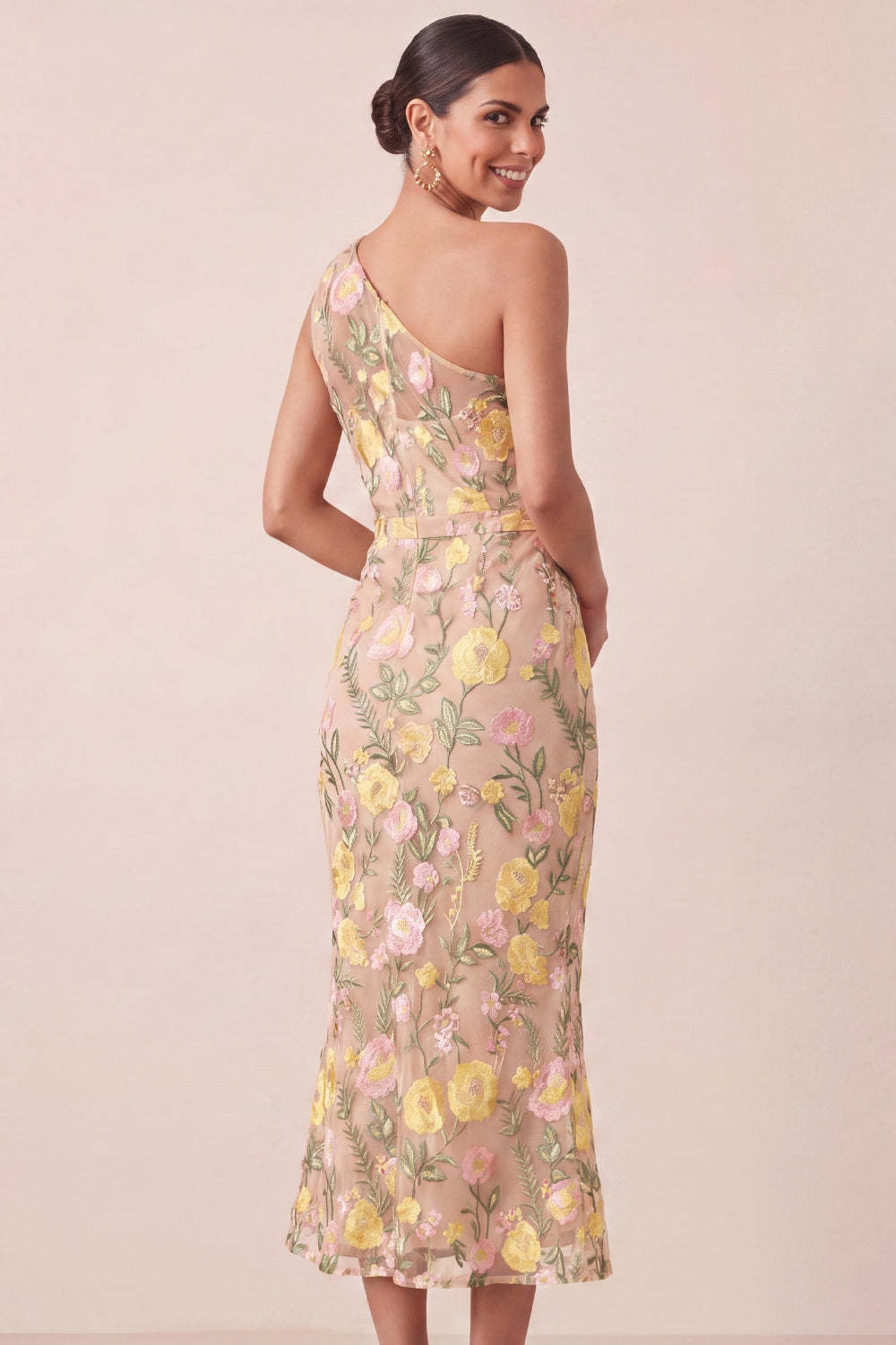 Yellow Floral Embroidered One Shoulder Midi Mermaid Wedding Guest Dress