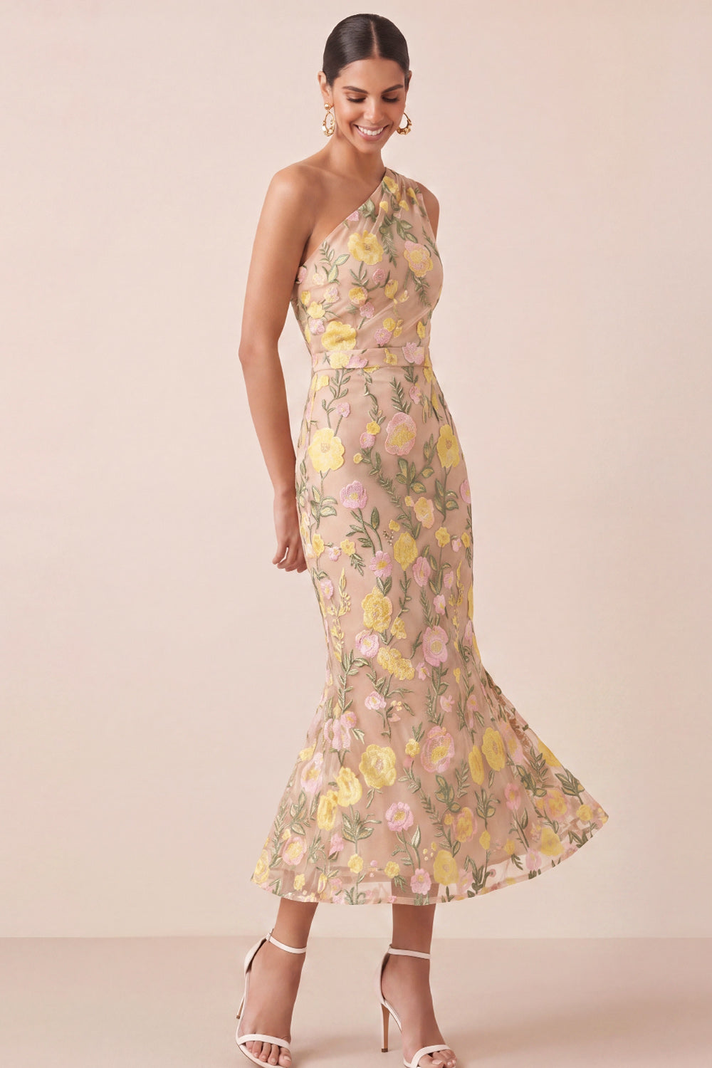 Yellow Floral Embroidered One Shoulder Midi Mermaid Wedding Guest Dress