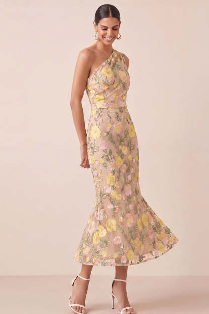 Yellow Floral Embroidered One Shoulder Midi Mermaid Wedding Guest Dress